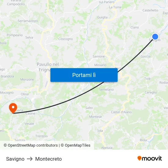 Savigno to Montecreto map