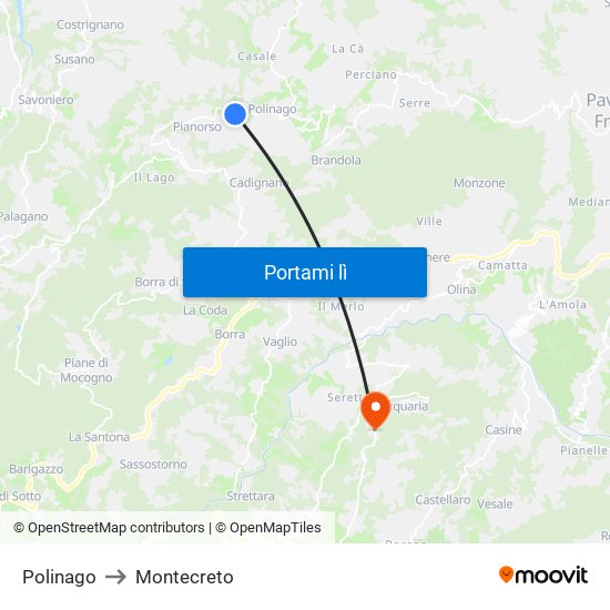 Polinago to Montecreto map