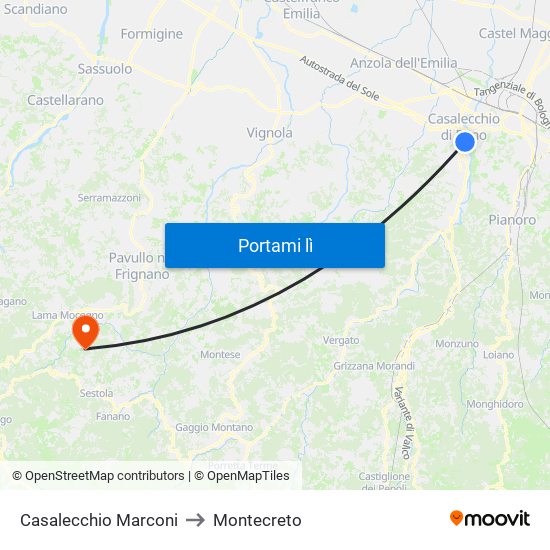 Casalecchio Marconi to Montecreto map