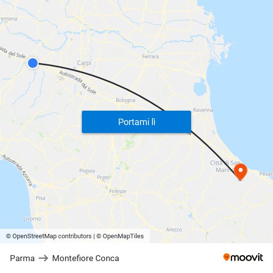 Parma to Montefiore Conca map