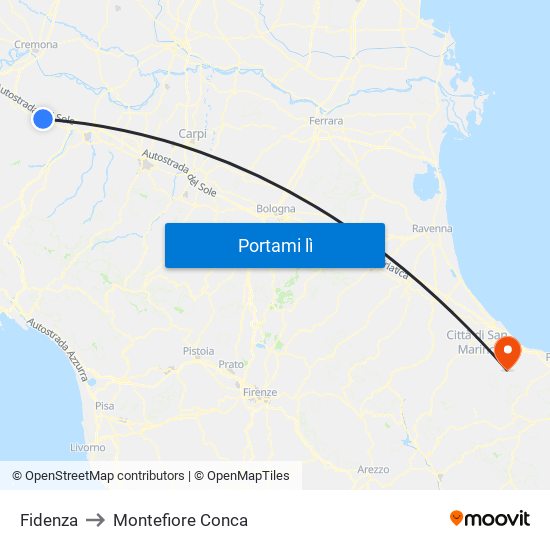 Fidenza to Montefiore Conca map