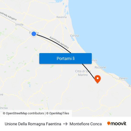 Unione Della Romagna Faentina to Montefiore Conca map