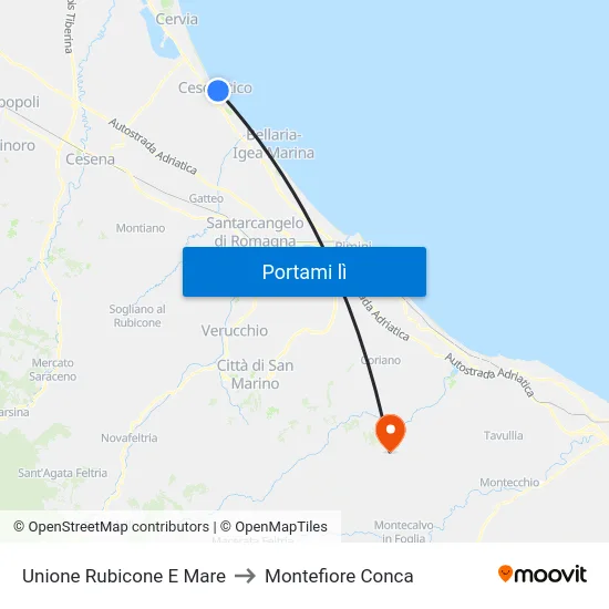 Unione Rubicone E Mare to Montefiore Conca map