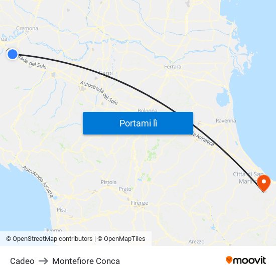 Cadeo to Montefiore Conca map