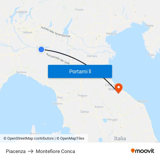 Piacenza to Montefiore Conca map