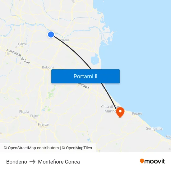 Bondeno to Montefiore Conca map