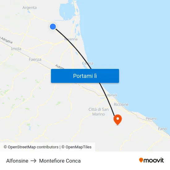 Alfonsine to Montefiore Conca map