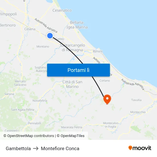 Gambettola to Montefiore Conca map