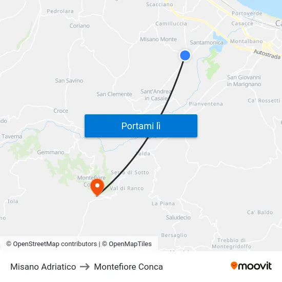 Misano Adriatico to Montefiore Conca map
