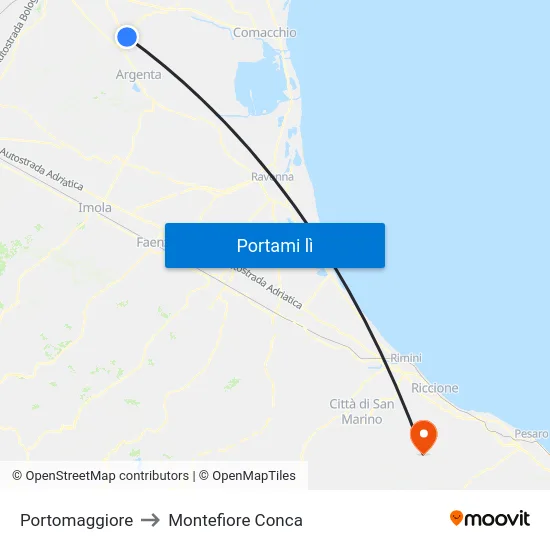 Portomaggiore to Montefiore Conca map