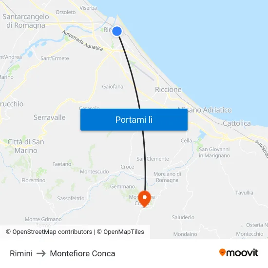Rimini to Montefiore Conca map