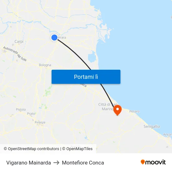 Vigarano Mainarda to Montefiore Conca map