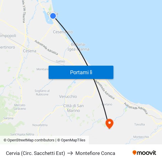 Cervia (Circ. Sacchetti Est) to Montefiore Conca map