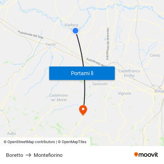 Boretto to Montefiorino map