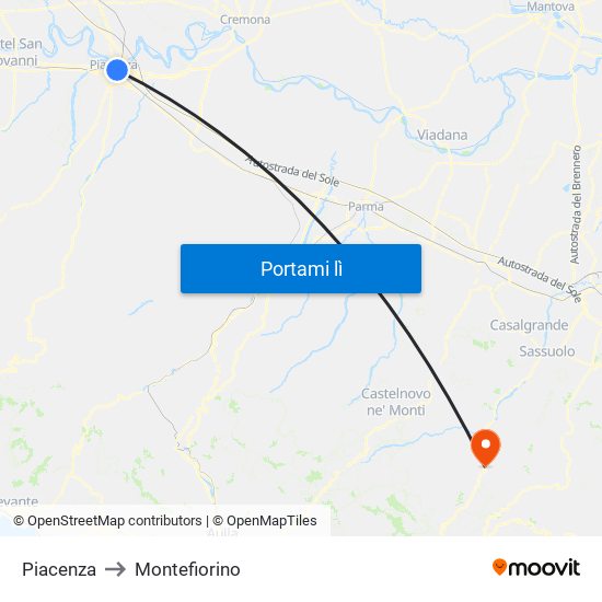 Piacenza to Montefiorino map