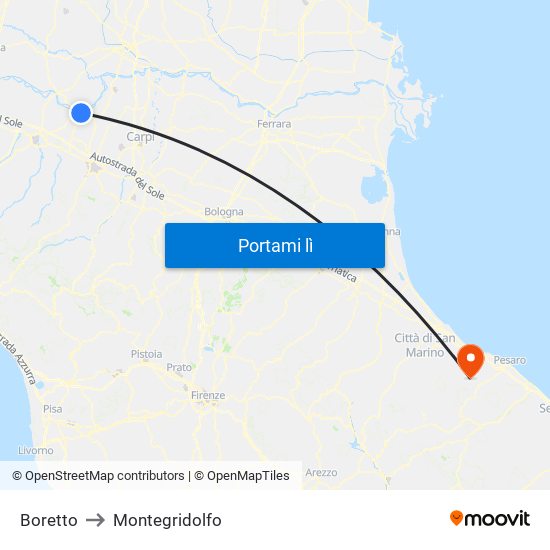 Boretto to Montegridolfo map