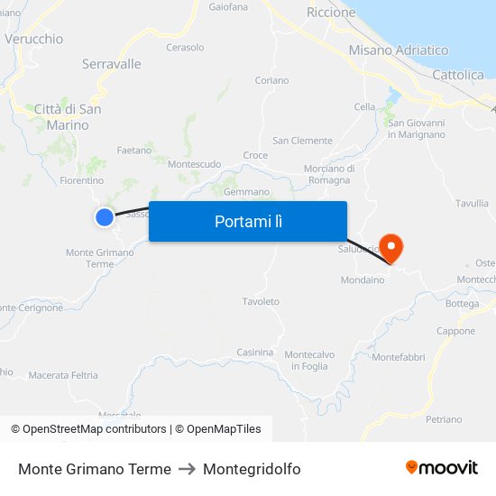 Monte Grimano Terme to Montegridolfo map