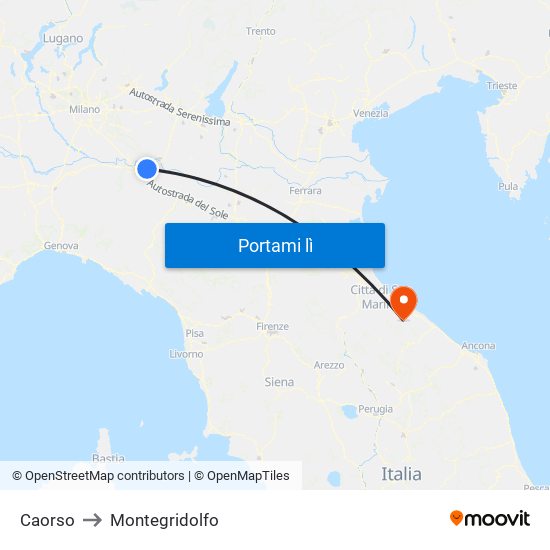 Caorso to Montegridolfo map