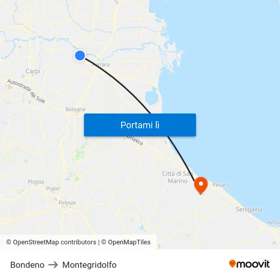 Bondeno to Montegridolfo map