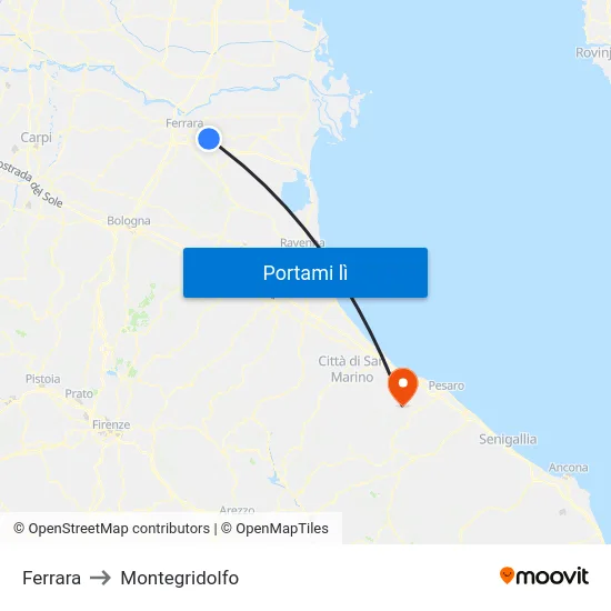 Ferrara to Montegridolfo map