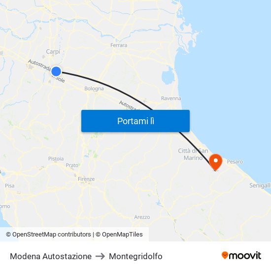 Modena Autostazione to Montegridolfo map