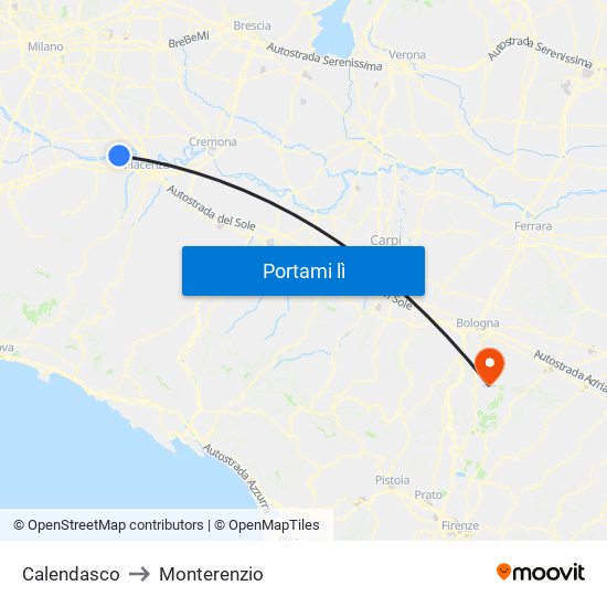 Calendasco to Monterenzio map