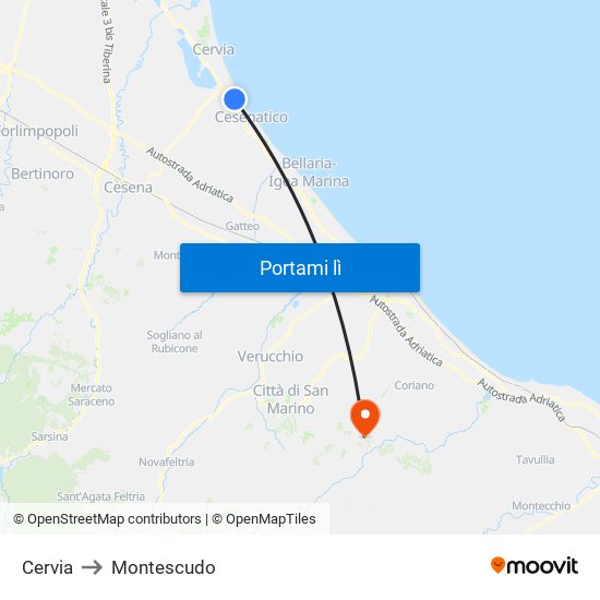 Cervia to Montescudo map