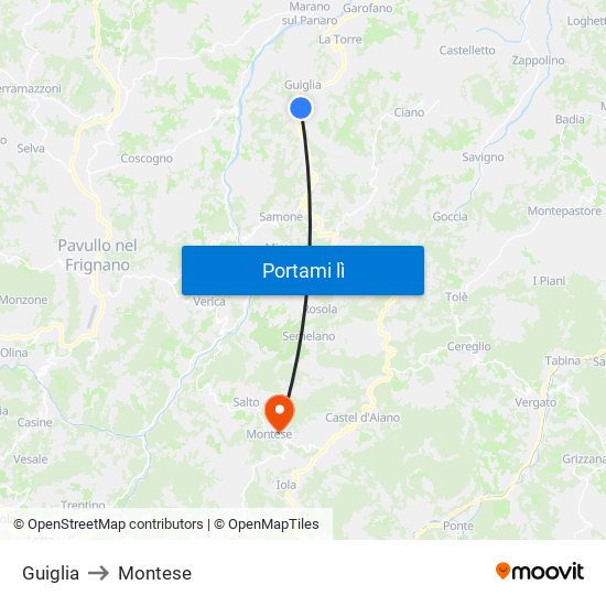Guiglia to Montese map
