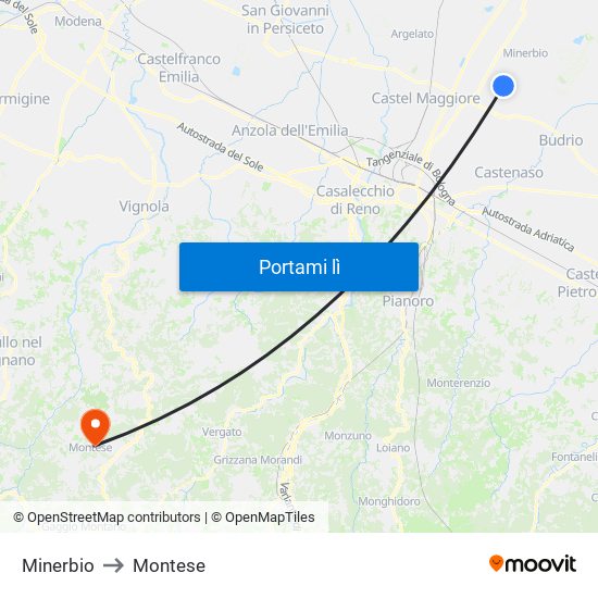 Minerbio to Montese map