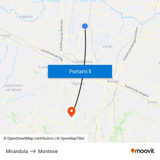 Mirandola to Montese map