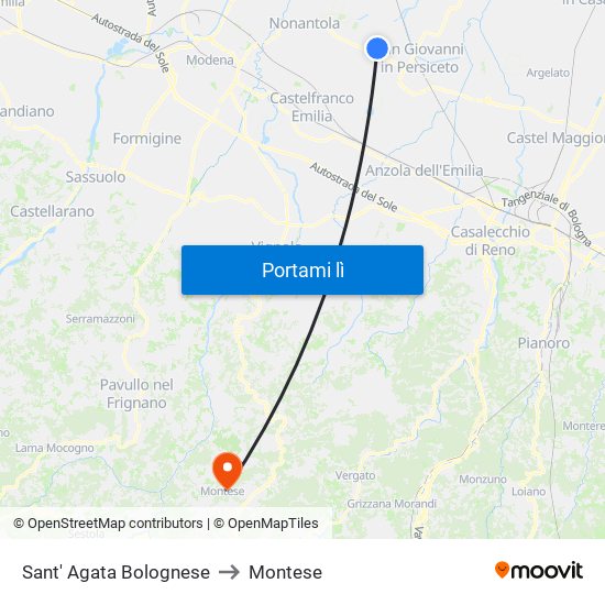 Sant' Agata Bolognese to Montese map