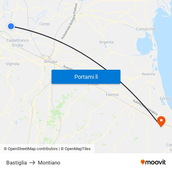 Bastiglia to Montiano map