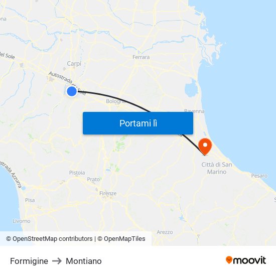 Formigine to Montiano map