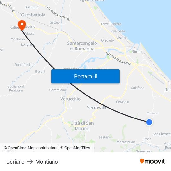 Coriano to Montiano map