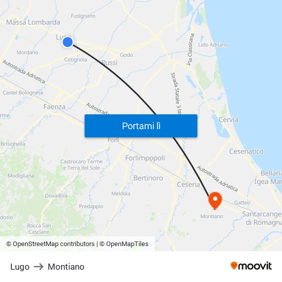 Lugo to Montiano map