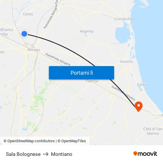 Sala Bolognese to Montiano map