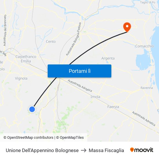 Unione Dell'Appennino Bolognese to Massa Fiscaglia map