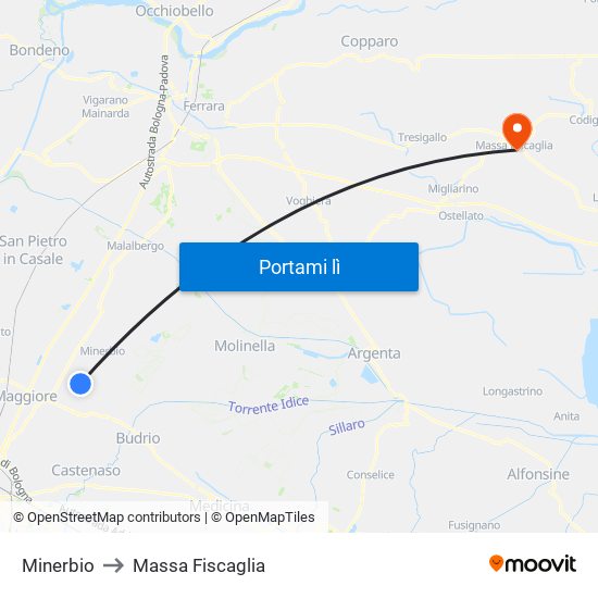 Minerbio to Massa Fiscaglia map