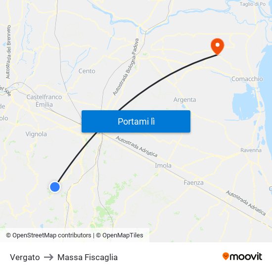 Vergato to Massa Fiscaglia map