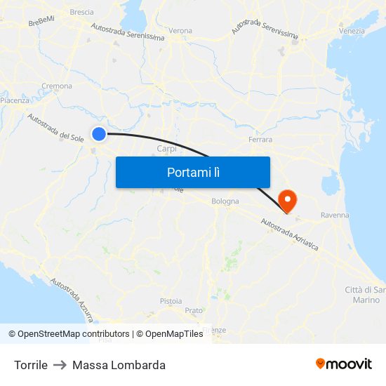 Torrile to Massa Lombarda map