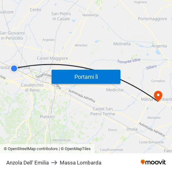 Anzola Dell' Emilia to Massa Lombarda map