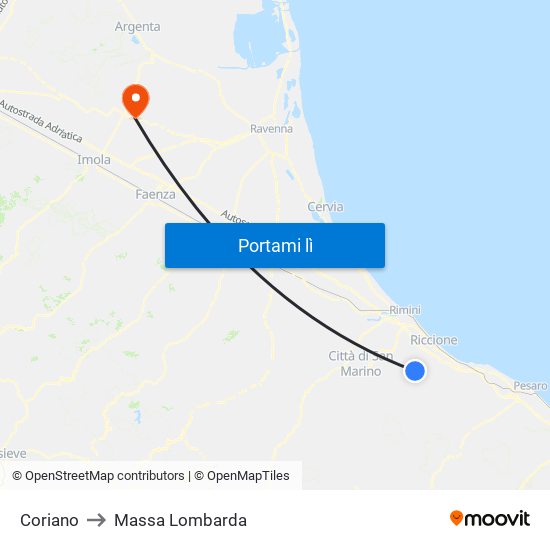 Coriano to Massa Lombarda map