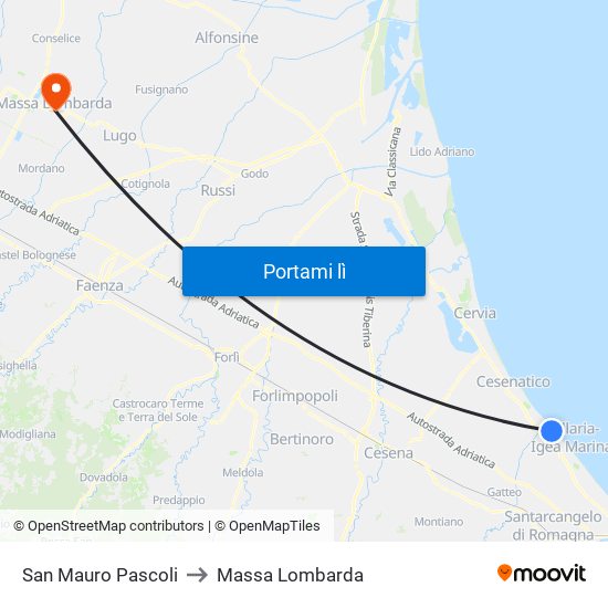 San Mauro Pascoli to Massa Lombarda map