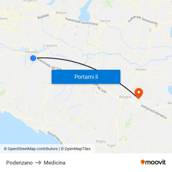 Podenzano to Medicina map