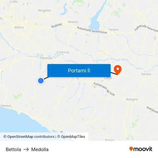 Bettola to Medolla map