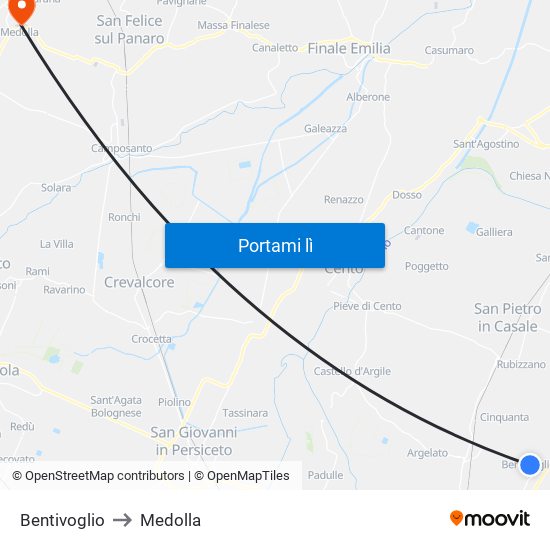 Bentivoglio to Medolla map