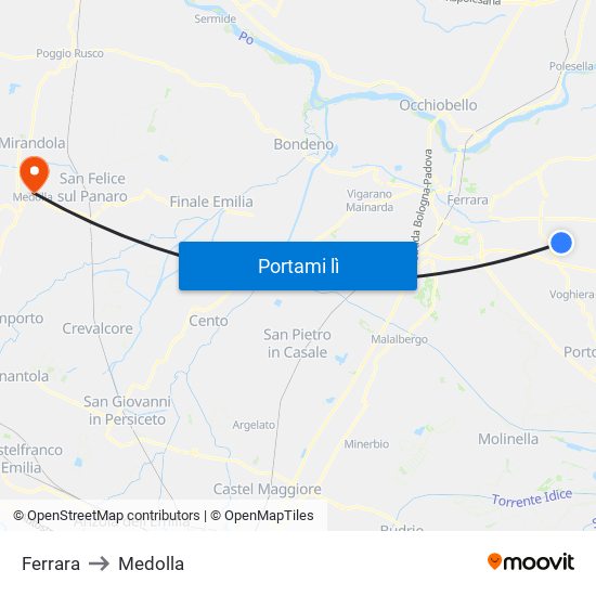 Ferrara to Medolla map