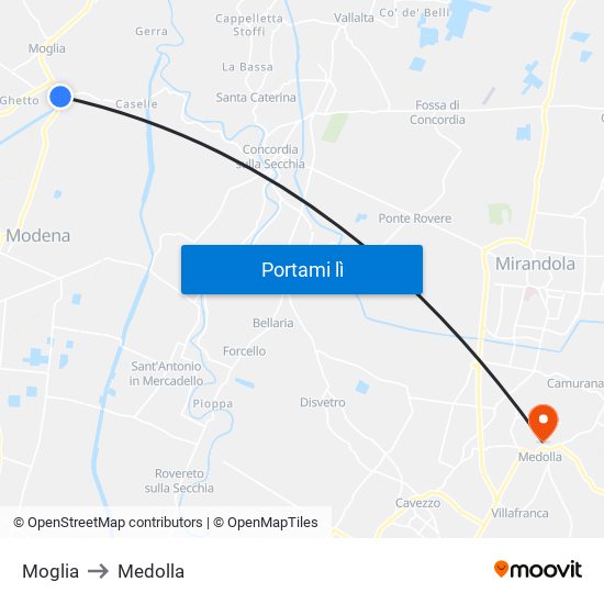 Moglia to Medolla map