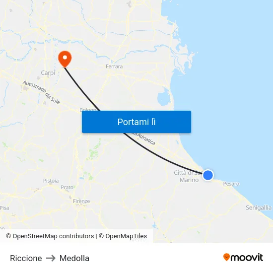 Riccione to Medolla map