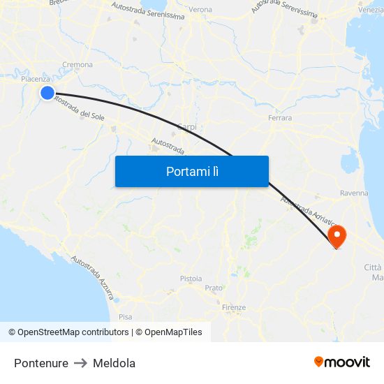 Pontenure to Meldola map